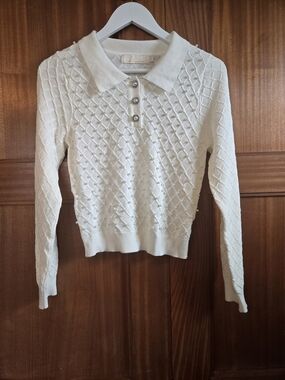 Pearl-Embellished Cream Knit Polo Sweater